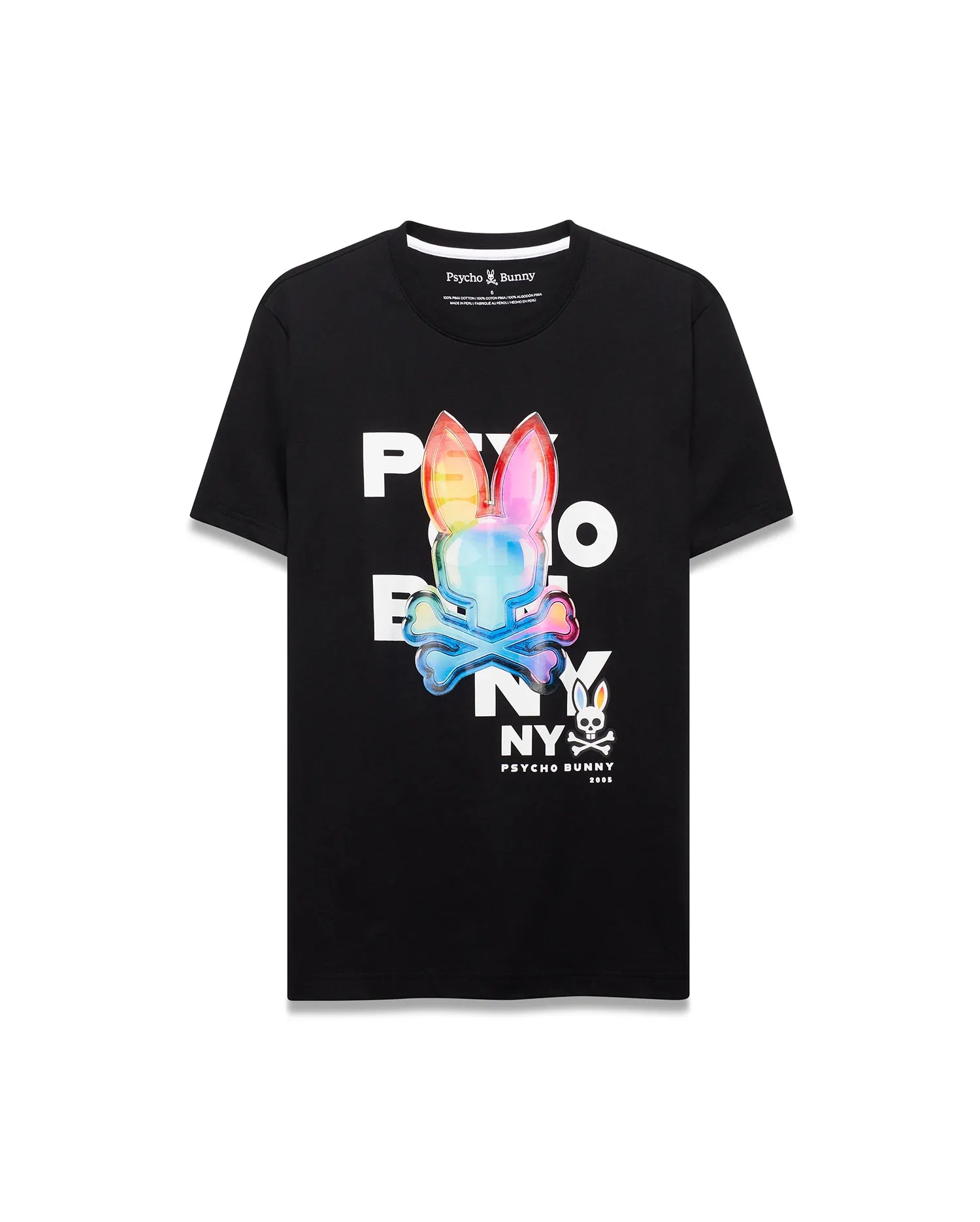 Mens Kenji Pima Cotton Graphic Tee, black classic fit Pima cotton jersey with a large central graphic featuring a vibrant rainbow translucent skull bunny logo integrated into white PSYCHO BUNNY NY text.