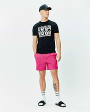 Black Mens Byron Graphic Tee in classic fit jersey, featuring a large colorful Psycho Bunny skull logo grid and text on the chest, paired with bright pink shorts with a small tonal embroidered bunny logo. (5)