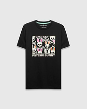 Mens Byron Graphic Tee, black classic fit jersey knit with a large chest graphic of white bunny skulls featuring pink and orange ears, crossbones, and PSYCHO BUNNY text, plus a mint green inner collar. (1)