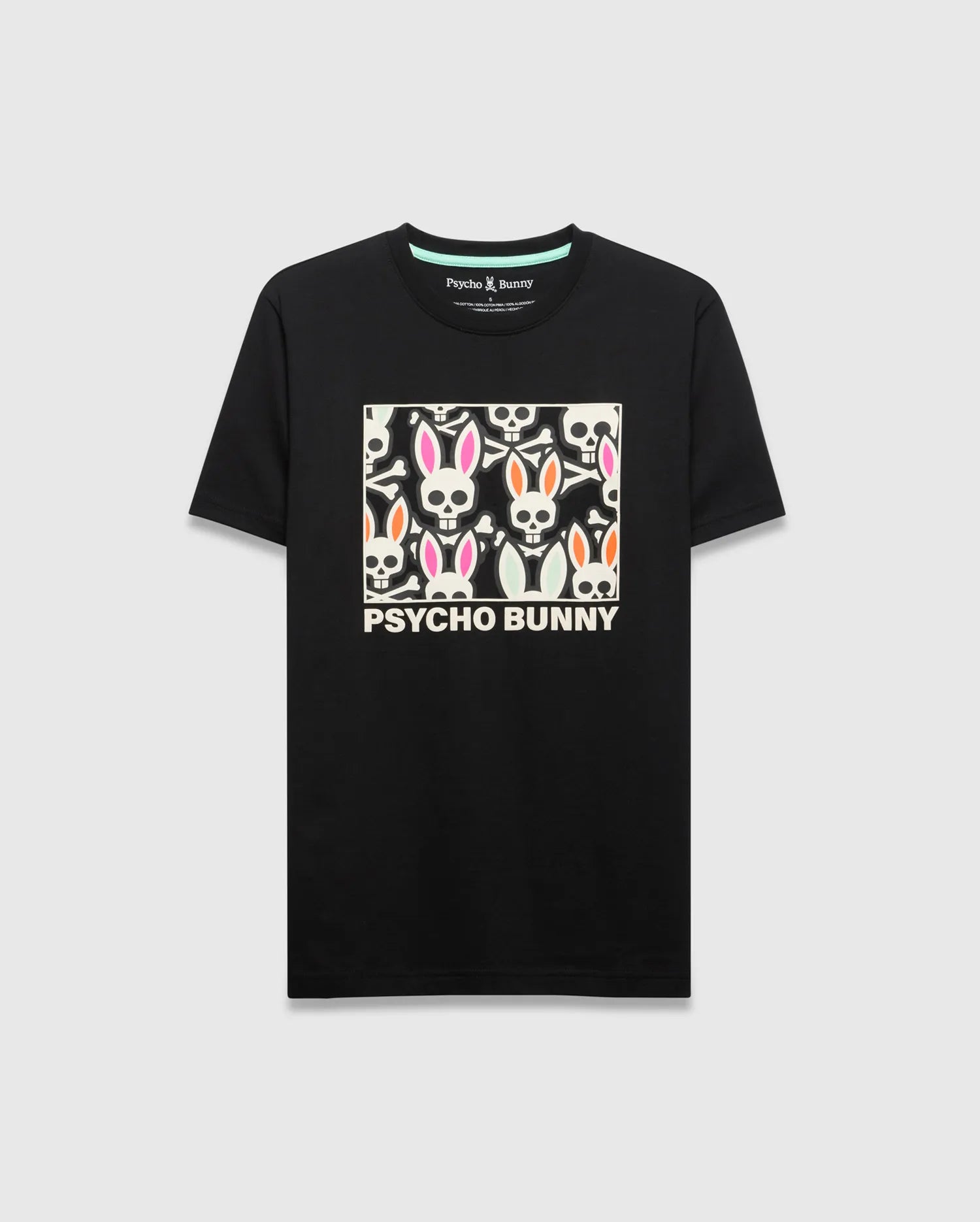 Mens Byron Graphic Tee, black classic fit jersey knit with a large chest graphic of white bunny skulls featuring pink and orange ears, crossbones, and PSYCHO BUNNY text, plus a mint green inner collar. (1)