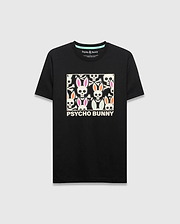 Mens Byron Graphic Tee, black classic fit jersey knit with a large chest graphic of white bunny skulls featuring pink and orange ears, crossbones, and PSYCHO BUNNY text, plus a mint green inner collar. (1)