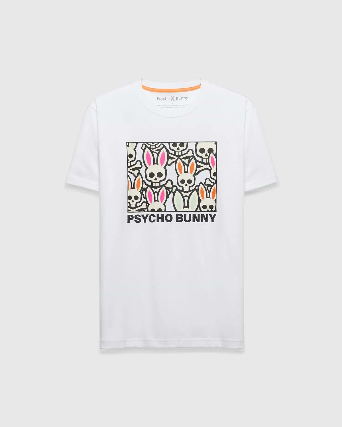 White Mens Byron Graphic Tee, a classic fit jersey t-shirt, features a large chest graphic of colorful bunny skulls and bones in pink, orange, and black, with Psycho Bunny text below and a small inner collar logo. (1)