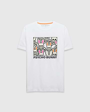 White Mens Byron Graphic Tee, a classic fit jersey t-shirt, features a large chest graphic of colorful bunny skulls and bones in pink, orange, and black, with Psycho Bunny text below and a small inner collar logo. (1)