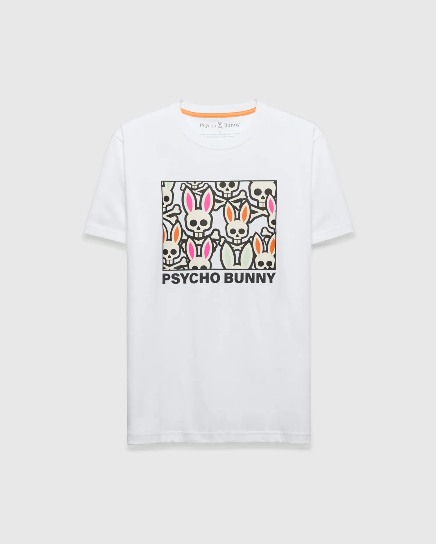 White Mens Byron Graphic Tee, a classic fit jersey t-shirt, features a large chest graphic of colorful bunny skulls and bones in pink, orange, and black, with Psycho Bunny text below and a small inner collar logo. (1)
