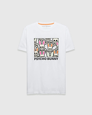White Mens Byron Graphic Tee, a classic fit jersey t-shirt, features a large chest graphic of colorful bunny skulls and bones in pink, orange, and black, with Psycho Bunny text below and a small inner collar logo. (1)