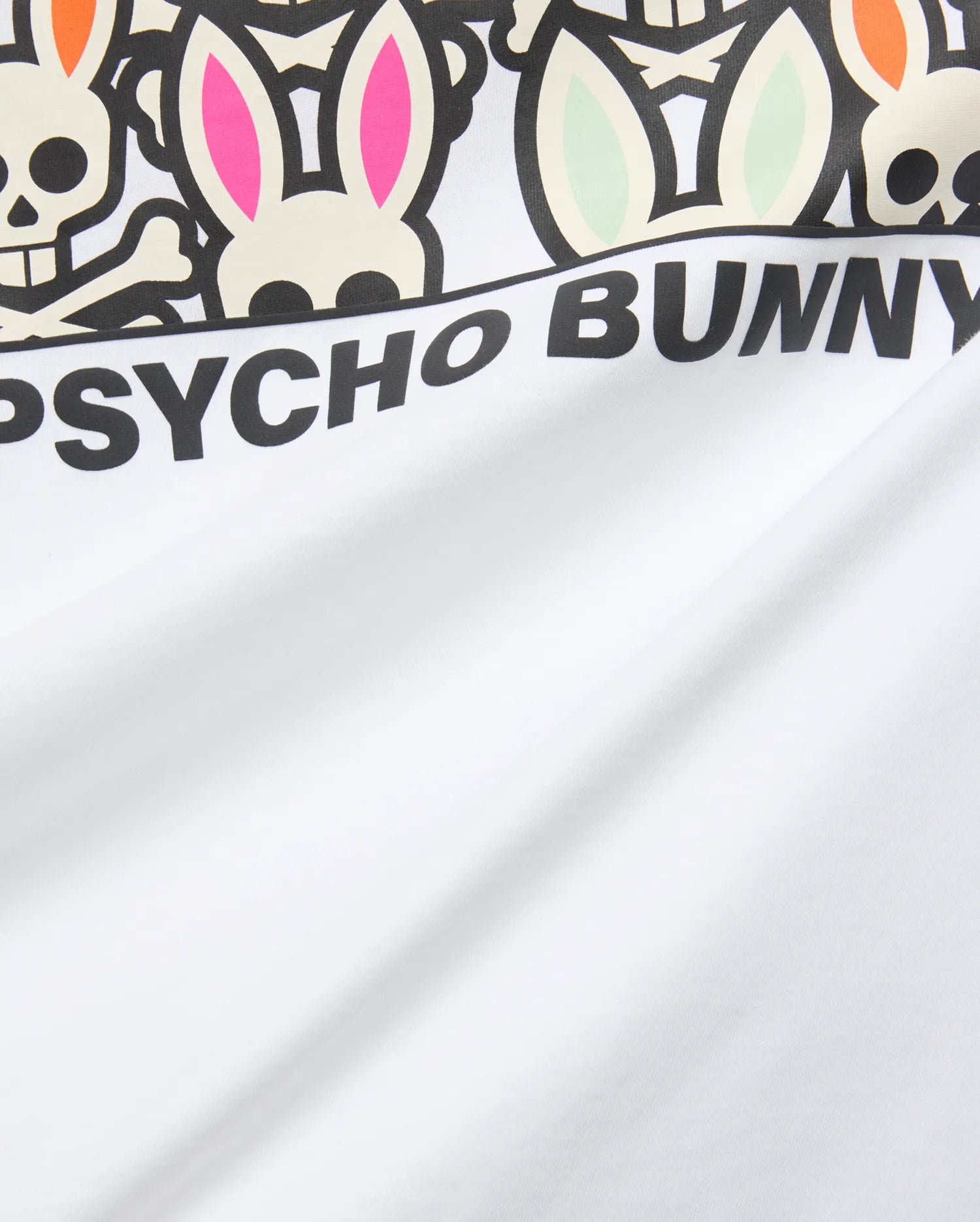 White Mens Byron Graphic Tee in smooth jersey, featuring a bold graphic print of colorful bunny skulls with pink, light green, and orange ears, and large black Psycho Bunny text. (6)