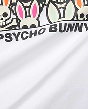 White Mens Byron Graphic Tee in smooth jersey, featuring a bold graphic print of colorful bunny skulls with pink, light green, and orange ears, and large black Psycho Bunny text. (6)