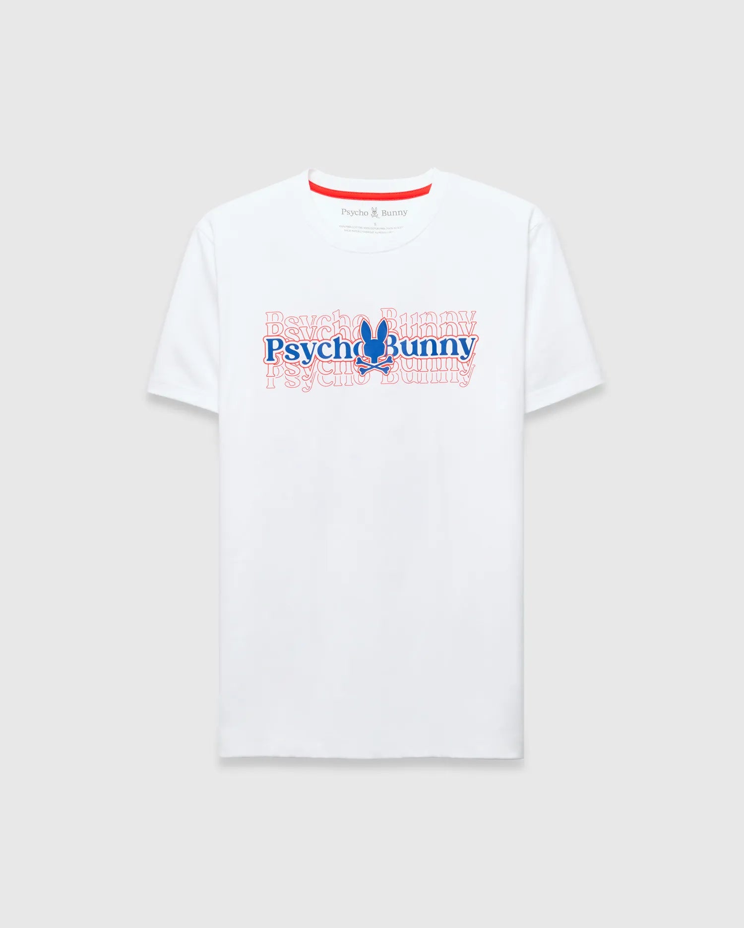White Mens John Back Graphic Tee in classic fit jersey, featuring a bold blue Psycho Bunny skull logo and repeated red outline text graphic on the center chest, with a red inner neck trim.