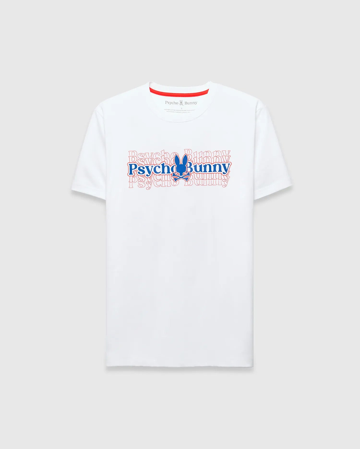 White Mens John Back Graphic Tee in classic fit jersey, featuring a bold blue Psycho Bunny skull logo and repeated red outline text graphic on the center chest, with a red inner neck trim.