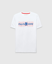 White Mens John Back Graphic Tee in classic fit jersey, featuring a bold blue Psycho Bunny skull logo and repeated red outline text graphic on the center chest, with a red inner neck trim.