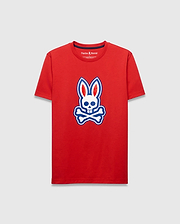 Mens John Graphic Tee, a vibrant red classic fit jersey knit t-shirt, showcasing a prominent centered white and blue Psycho Bunny skull logo graphic.