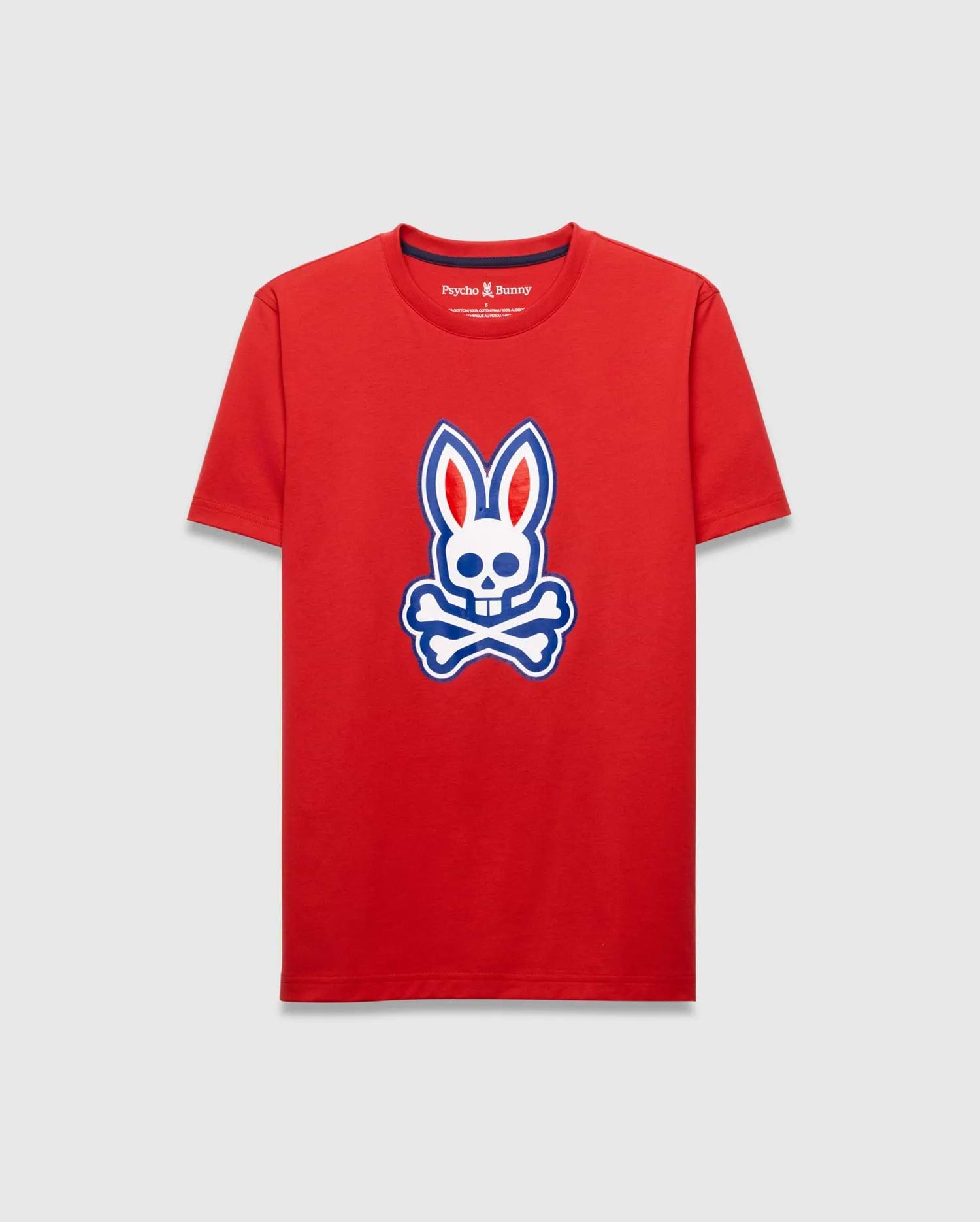 Mens John Graphic Tee, a vibrant red classic fit jersey knit t-shirt, showcasing a prominent centered white and blue Psycho Bunny skull logo graphic.