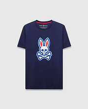 Mens John Graphic Tee, a classic fit navy jersey t-shirt featuring a large white, red, and blue Psycho Bunny skull logo graphic on the center chest and red neck tape.