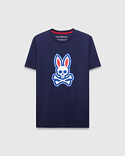 Mens John Graphic Tee, a classic fit navy jersey t-shirt featuring a large white, red, and blue Psycho Bunny skull logo graphic on the center chest and red neck tape.