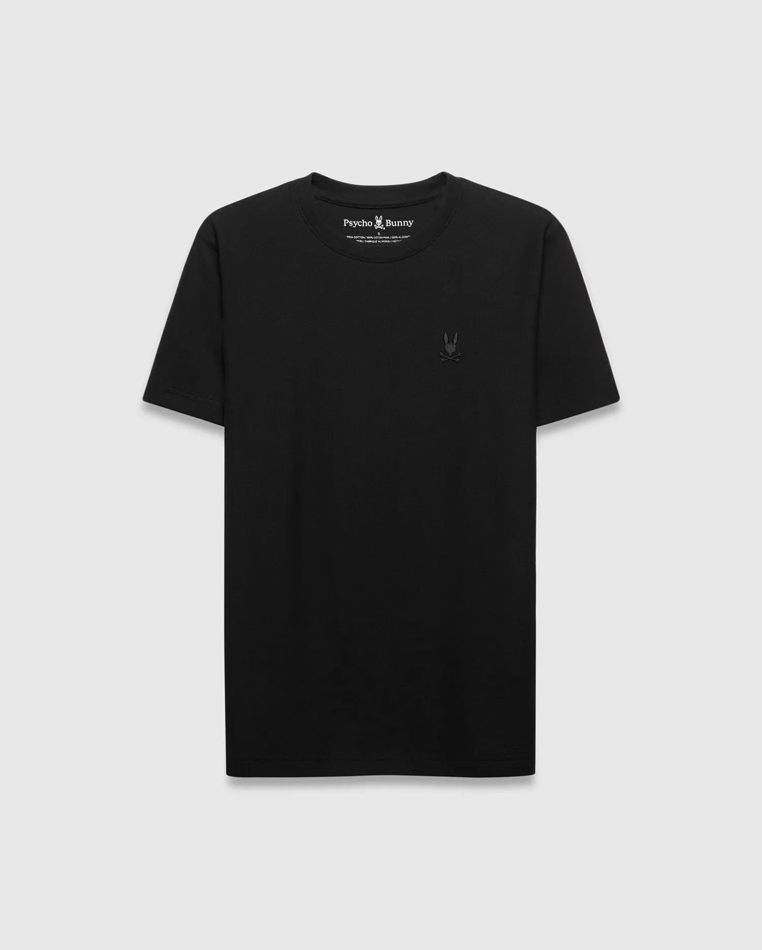 Mens Taylor Pique Tee, a classic fit black t-shirt crafted from pique fabric, featuring a small, tonal embroidered Psycho Bunny skull logo on the left chest.