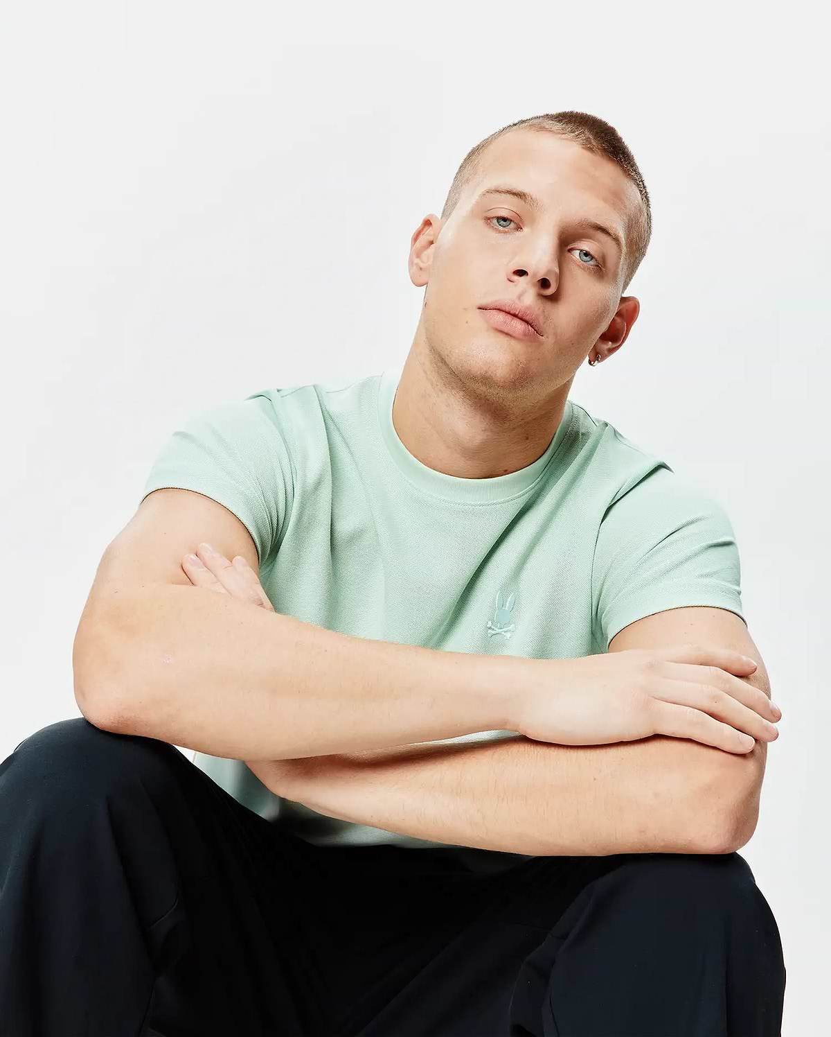 Mens Taylor Pique Tee in mint green, a classic fit pique knit t-shirt featuring a small, tonal embroidered Psycho Bunny skull logo on the left chest.