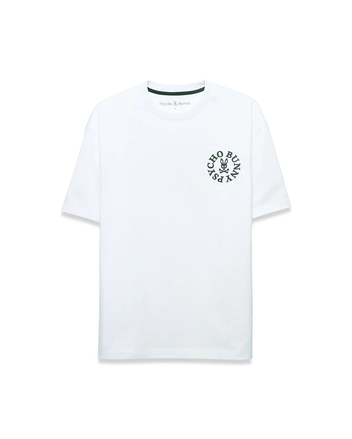 White Mens Olek Relaxed Back Graphic Tee in smooth jersey, featuring a small dark green circular Psycho Bunny skull logo graphic on the left chest and green neck tape. (2)