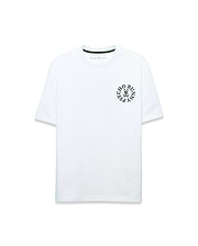 White Mens Olek Relaxed Back Graphic Tee in smooth jersey, featuring a small dark green circular Psycho Bunny skull logo graphic on the left chest and green neck tape. (2)