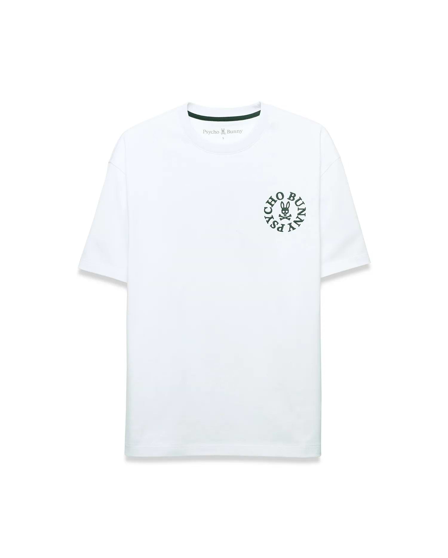 White Mens Olek Relaxed Back Graphic Tee in smooth jersey, featuring a small dark green circular Psycho Bunny skull logo graphic on the left chest and green neck tape. (2)