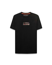 Black Men's Alfie Back Graphic Tee, a classic fit jersey t-shirt with a small pixelated multi-color bunny skull chest graphic, orange neck tape, and Psycho Bunny branding. (5)