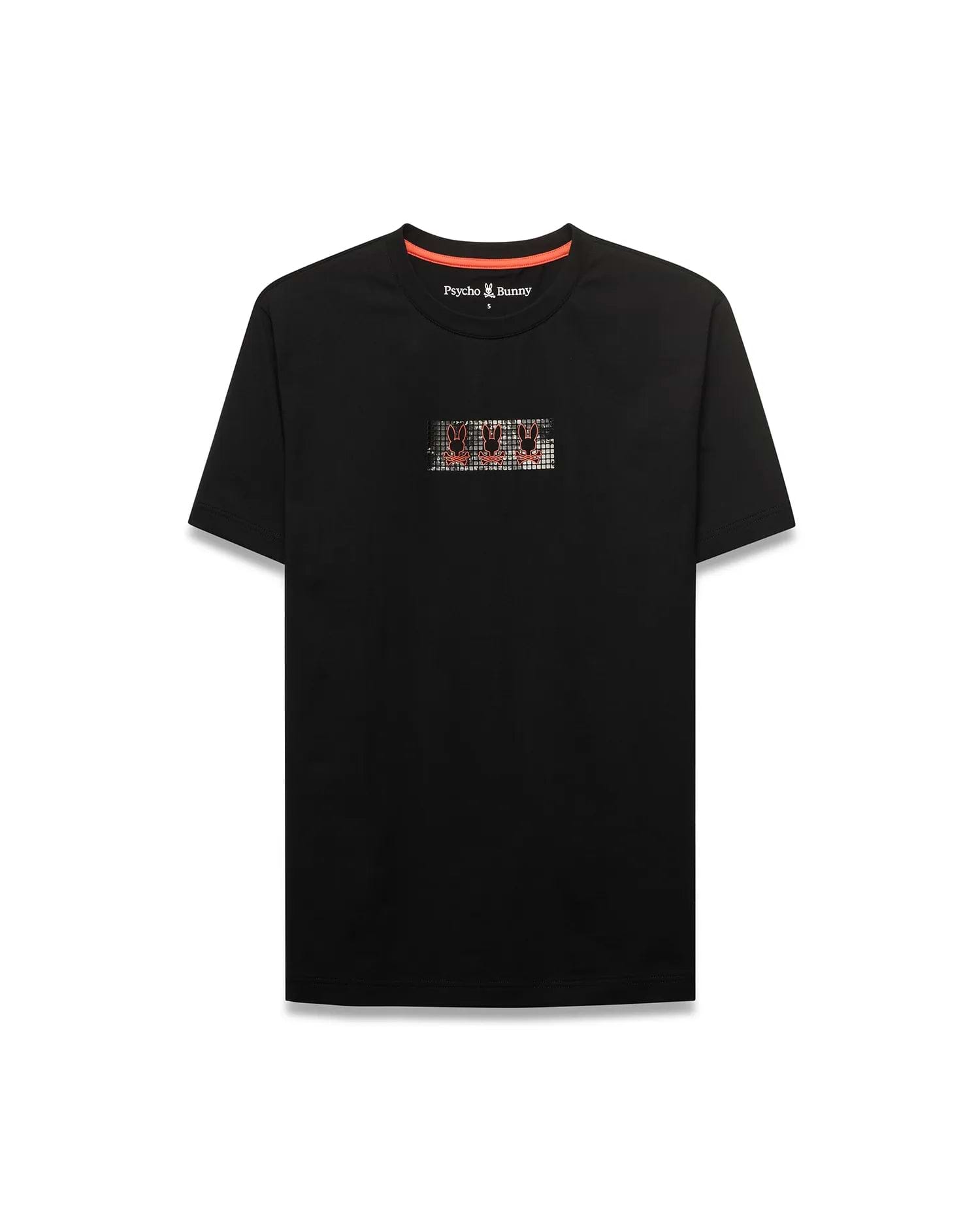 Black Men's Alfie Back Graphic Tee, a classic fit jersey t-shirt with a small pixelated multi-color bunny skull chest graphic, orange neck tape, and Psycho Bunny branding. (5)
