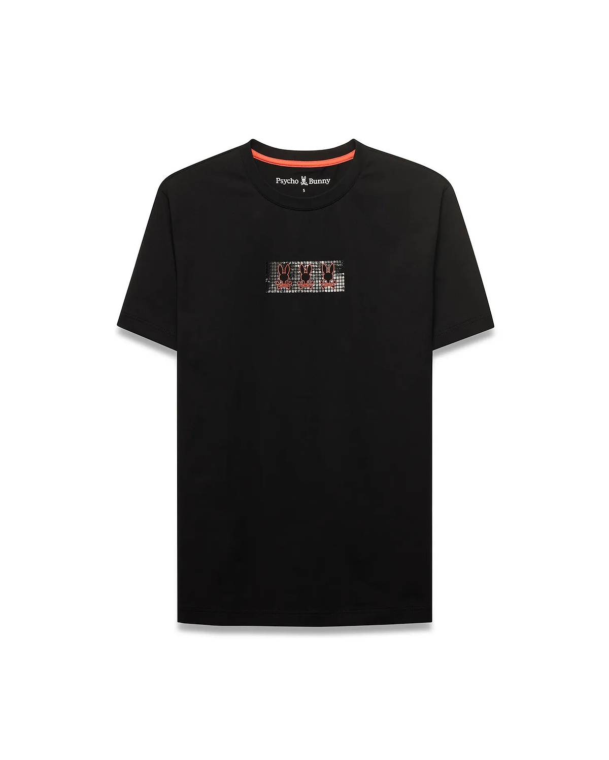 Black Men's Alfie Back Graphic Tee, a classic fit jersey t-shirt with a small pixelated multi-color bunny skull chest graphic, orange neck tape, and Psycho Bunny branding. (5)
