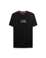 Black Men's Alfie Back Graphic Tee, a classic fit jersey t-shirt with a small pixelated multi-color bunny skull chest graphic, orange neck tape, and Psycho Bunny branding. (5)