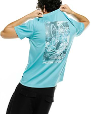 Men's Alfie Back Graphic Tee, a classic fit aqua blue jersey t-shirt with a large back graphic featuring a white-outlined Psycho Bunny skull over a pixelated silver digital camo pattern and PSYCHO BUNNY text. (1)