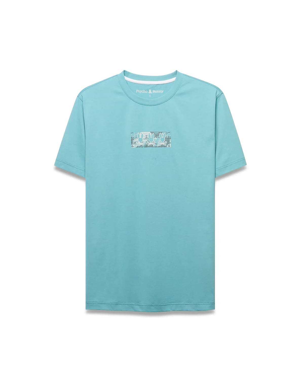 Men's Alfie Back Graphic Tee. Classic fit aqua jersey t-shirt featuring a large rectangular front chest graphic with a repeating white, grey, and black Psycho Bunny skull pattern. Small logo at back neck. (5)