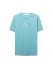 Men's Alfie Back Graphic Tee. Classic fit aqua jersey t-shirt featuring a large rectangular front chest graphic with a repeating white, grey, and black Psycho Bunny skull pattern. Small logo at back neck. (5)