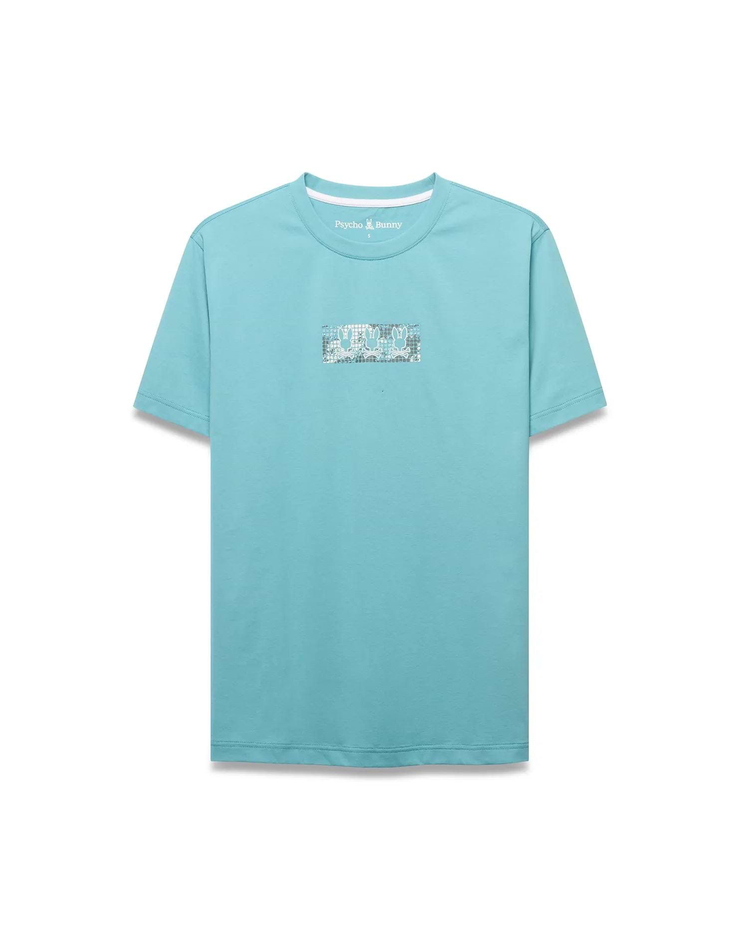 Men's Alfie Back Graphic Tee. Classic fit aqua jersey t-shirt featuring a large rectangular front chest graphic with a repeating white, grey, and black Psycho Bunny skull pattern. Small logo at back neck. (5)