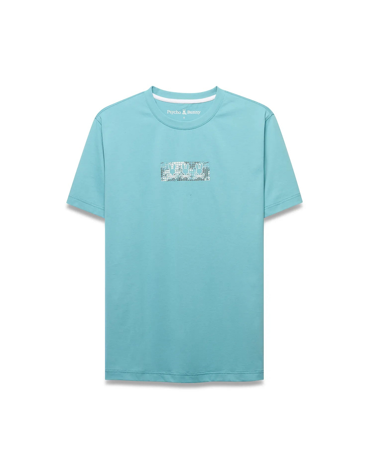 Men's Alfie Back Graphic Tee. Classic fit aqua jersey t-shirt featuring a large rectangular front chest graphic with a repeating white, grey, and black Psycho Bunny skull pattern. Small logo at back neck. (5)