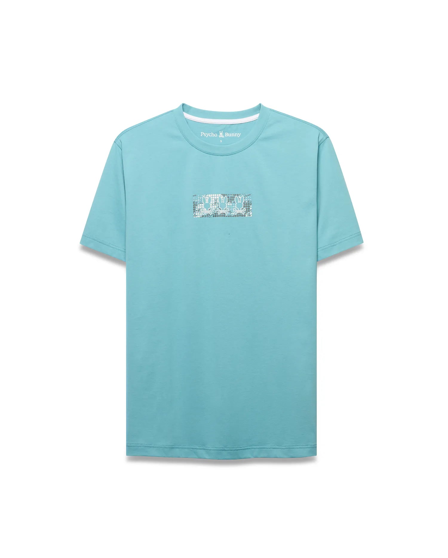 Men's Alfie Back Graphic Tee. Classic fit aqua jersey t-shirt featuring a large rectangular front chest graphic with a repeating white, grey, and black Psycho Bunny skull pattern. Small logo at back neck. (5)