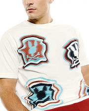 Men's Klaus Jacquard Tee, a classic fit cream jersey t-shirt featuring an all-over distorted wavy Psycho Bunny skull logo jacquard pattern in teal, navy, rust, white, and black. (2)