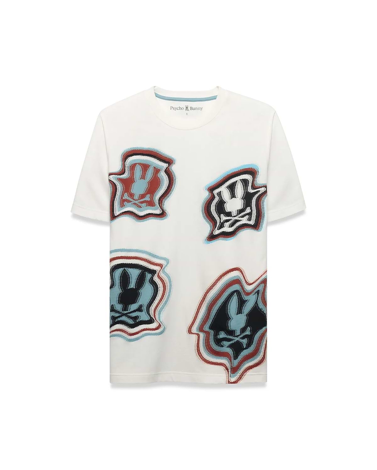 Men's Klaus Jacquard Tee, an ecru classic fit t-shirt featuring four large, distorted red, black, and light blue Psycho Bunny skull jacquard knit graphics on the front. (5)