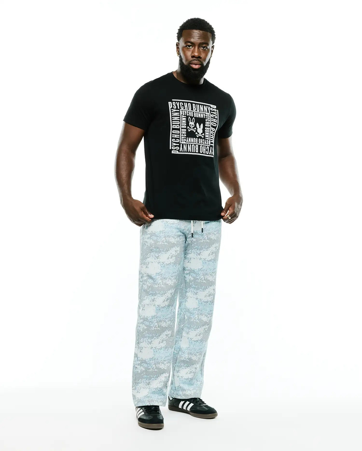 Black Men's Raj Wordmark Graphic Tee, classic fit, with a large white Psycho Bunny repeating wordmark and skull logo chest graphic. Paired with relaxed light blue and grey digital camo pants. (5)