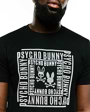 Men's Raj Wordmark Graphic Tee, a black classic fit jersey t-shirt featuring a large white dotted graphic of the Psycho Bunny wordmark repeated in a square frame with two bunny skull logos and crossbones on the chest. (3)