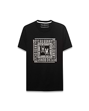 Men's Raj Wordmark Graphic Tee, a black classic fit jersey t-shirt featuring a large central white textured graphic of the Psycho Bunny wordmark and skull logo arranged in a square pattern. (1)