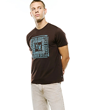 Men's Raj Wordmark Graphic Tee, a classic fit brown jersey t-shirt with a large light blue chest graphic featuring the Psycho Bunny wordmark and iconic bunny skull logo. (2)