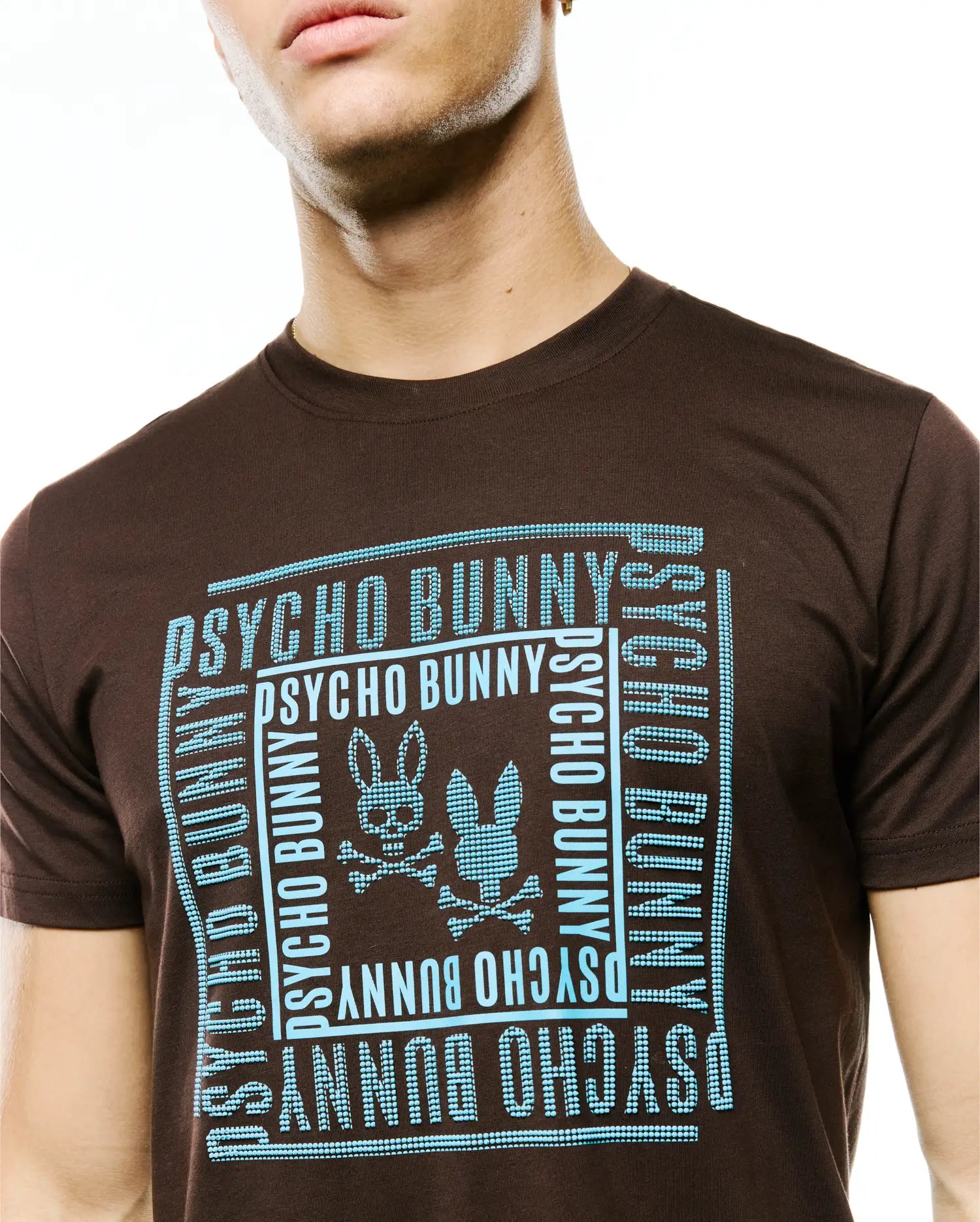 Men's Raj Wordmark Graphic Tee, a classic fit brown jersey t-shirt with a large central light blue dotted graphic featuring the Psycho Bunny wordmark and iconic bunny skull logo. (3)
