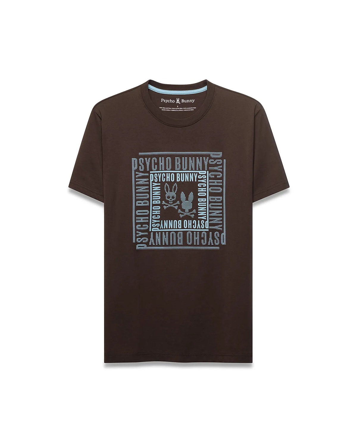 Men's Raj Wordmark Graphic Tee: Classic fit dark brown jersey t-shirt featuring a large, light blue dotted square chest graphic with repeated Psycho Bunny wordmark and iconic bunny skull logo. (1)