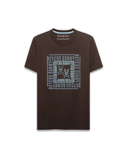 Men's Raj Wordmark Graphic Tee: Classic fit dark brown jersey t-shirt featuring a large, light blue dotted square chest graphic with repeated Psycho Bunny wordmark and iconic bunny skull logo. (1)