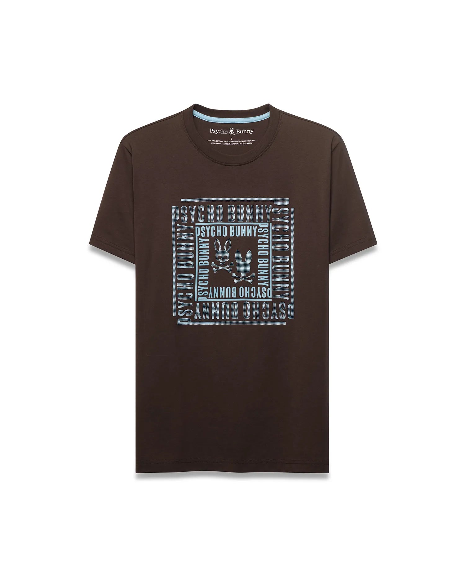 Men's Raj Wordmark Graphic Tee: Classic fit dark brown jersey t-shirt featuring a large, light blue dotted square chest graphic with repeated Psycho Bunny wordmark and iconic bunny skull logo. (1)