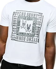 White classic fit jersey T-shirt with a large central chest graphic featuring a dotted Psycho Bunny skull logo and repeated wordmarks in a square design. Men's Raj Wordmark Graphic Tee. (3)