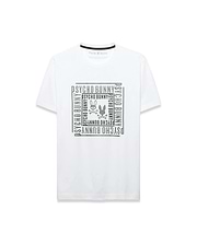 Men's Raj Wordmark Graphic Tee, a classic fit white jersey t-shirt with a large central dark grey dotted graphic featuring the repeated Psycho Bunny wordmark and iconic bunny skull logo in a square design. (1)