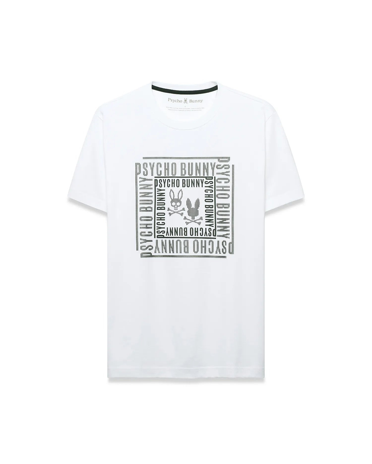 Men's Raj Wordmark Graphic Tee, a classic fit white jersey t-shirt with a large central dark grey dotted graphic featuring the repeated Psycho Bunny wordmark and iconic bunny skull logo in a square design. (1)