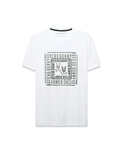 Men's Raj Wordmark Graphic Tee, a classic fit white jersey t-shirt with a large central dark grey dotted graphic featuring the repeated Psycho Bunny wordmark and iconic bunny skull logo in a square design. (1)