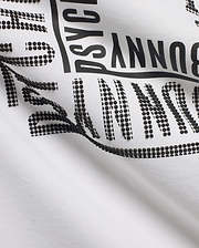 White Men's Raj Wordmark Graphic Tee in jersey knit, featuring a large black Psycho Bunny wordmark with a unique textured design where some letters are solid and others are raised black dots. (6)