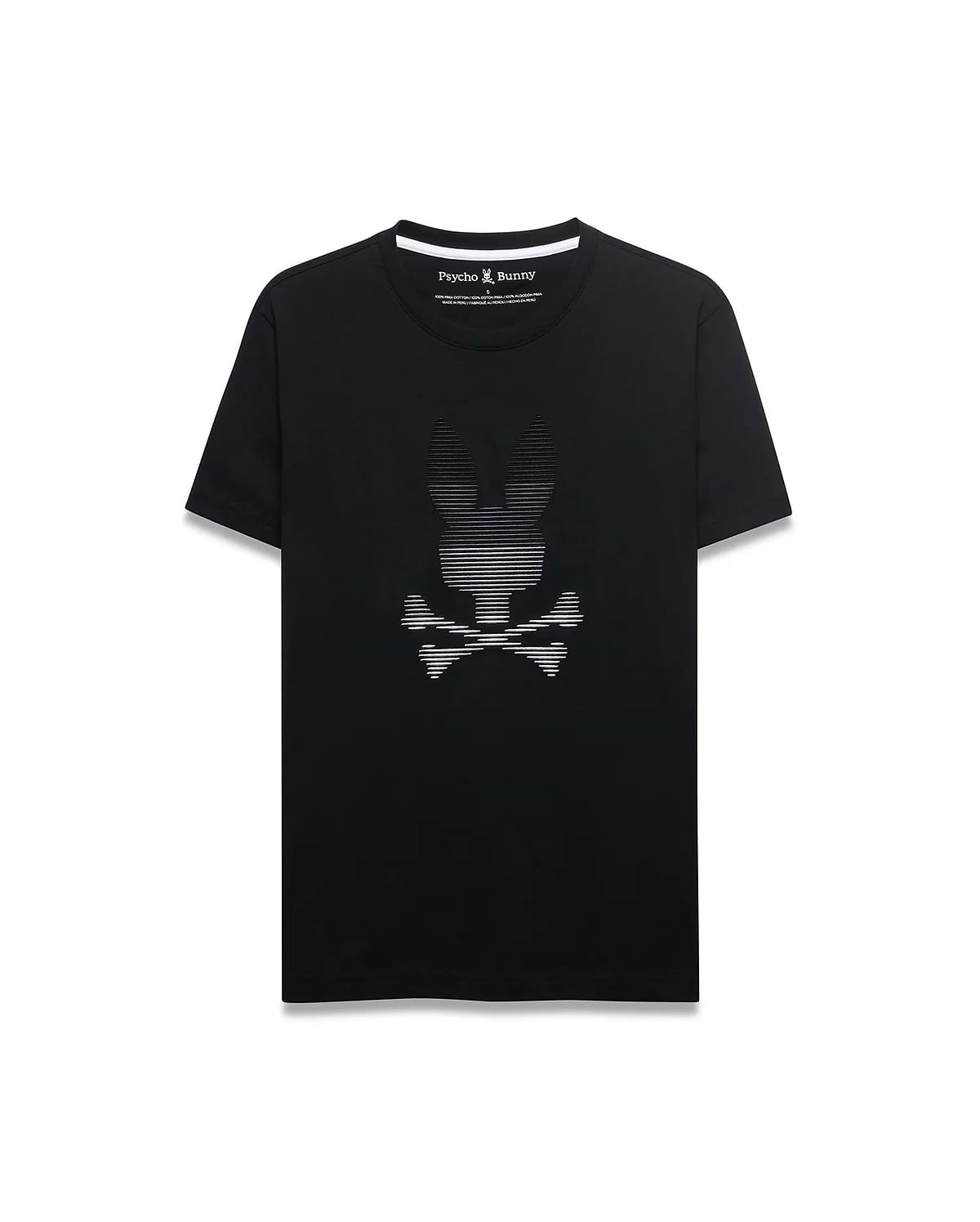 Black classic fit jersey T-shirt featuring a large, central, white striped Psycho Bunny skull graphic on the chest and a white inner collar trim. Men's Slade Bunny Graphic Tee. (1)