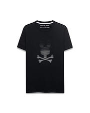 Black classic fit jersey T-shirt featuring a large, central, white striped Psycho Bunny skull graphic on the chest and a white inner collar trim. Men's Slade Bunny Graphic Tee. (1)